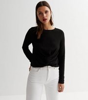 New Look Black Brushed Ribbed Knit Twist Front Top